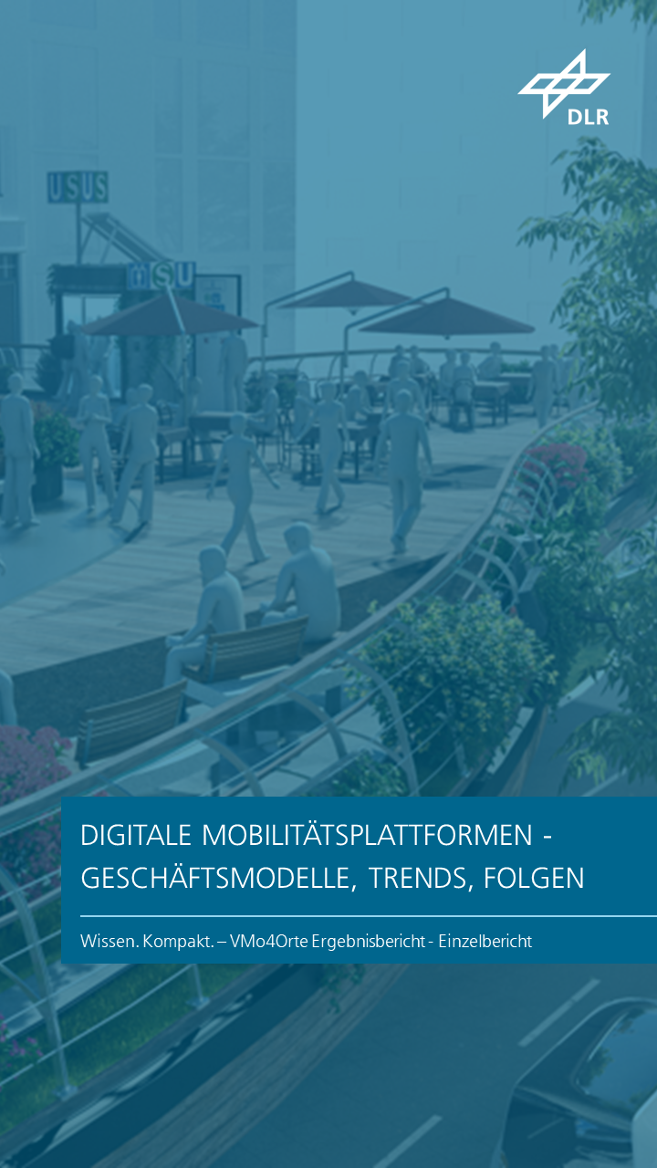 Zu sehen ist eine erhöhte, begrünte Brücke in einer Stadt, die als öffentlicher Aufenthaltsbereich gestaltet ist – mit vielen Pflanzen, Sonnenschirmen und zahlreichen Menschen, die sich dort aufhalten. Das Kapitel trägt den Titel "Digitale Mobilitätsplattformen - Geschäftsmodelle, Trends, Folgen ".