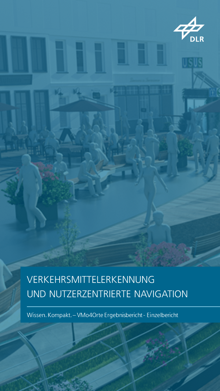 Zu sehen ist eine erhöhte, begrünte Brücke in einer Stadt, die als öffentlicher Aufenthaltsbereich gestaltet ist – mit vielen Pflanzen, Sonnenschirmen und zahlreichen Menschen, die sich dort aufhalten. Das Kapitel trägt den Titel "Verkehrsmittelerkennung und nutzerzentrierte Navigation".