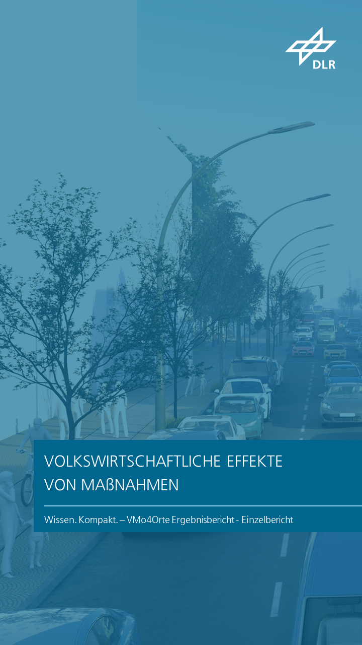 Zu sehen ist eine 3D-grafische Darstellung einer viel befahrenen Straße mit einem angrenzenden Bürgersteig, auf dem mehrere Personen unterwegs sind. Das Kapitel trägt den Titel "Volkswirtschaftliche Effekte von Maßnahmen ".
