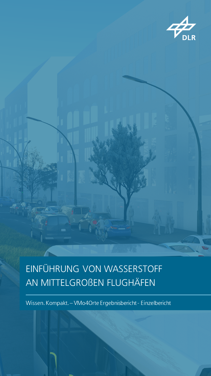 Zu sehen ist eine 3D-grafische Darstellung einer viel befahrenen Straße mit einem angrenzenden Bürgersteig, auf dem mehrere Personen unterwegs sind. Das Kapitel trägt den Titel "Einführung von Wasserstoff an mittelgroßen Flughäfen".