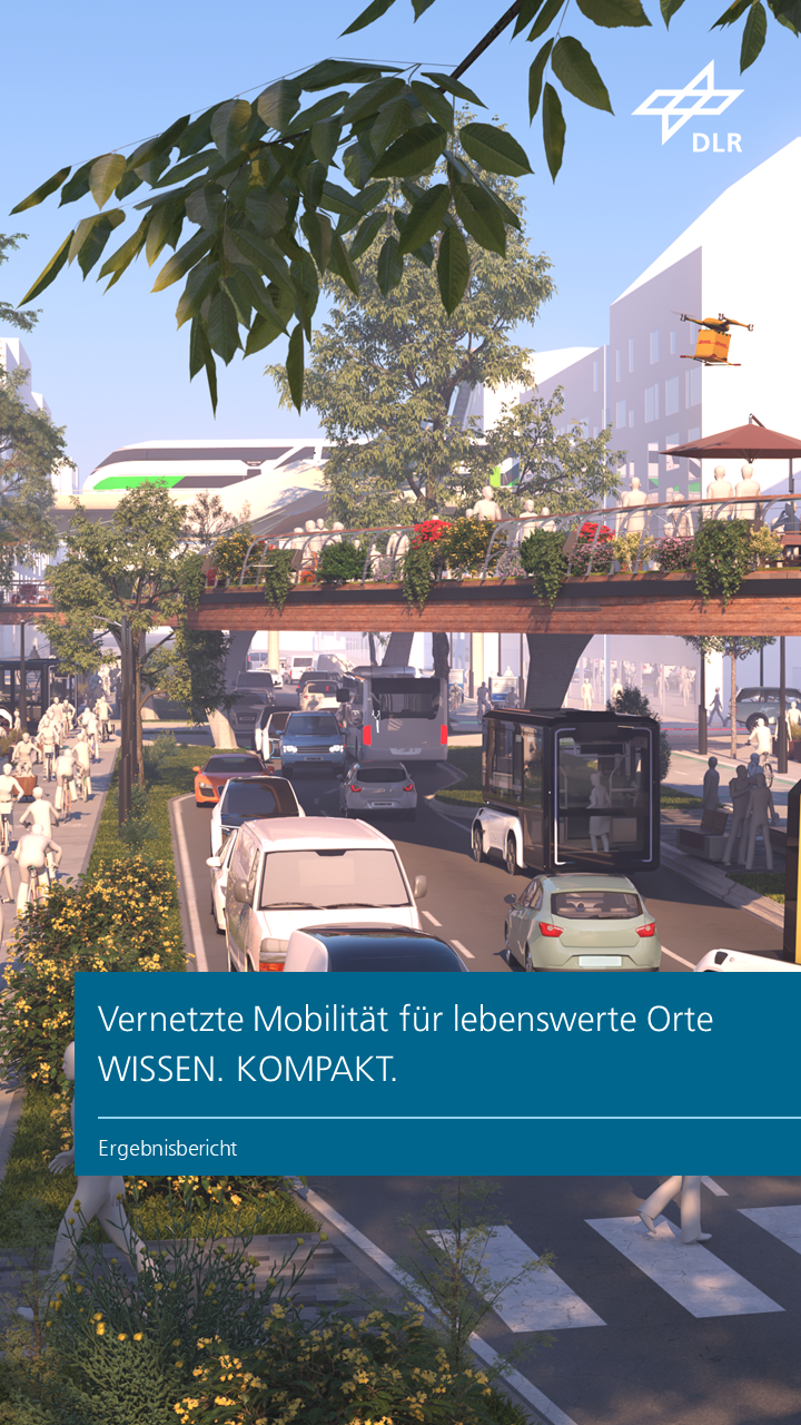 Zu sehen ist eine belebte, futuristische Stadtszene mit einer mehrspurigen Straße voller Fahrzeuge, flankiert von begrünten Geh- und Radwegen. Darüber verläuft eine erhöhte, begrünte Aufenthaltsfläche mit Menschen, Sonnenschirmen und Sitzgelegenheiten. Im Hintergrund sind ein schwebender Hochgeschwindigkeitszug und eine Drohne zu erkennen.