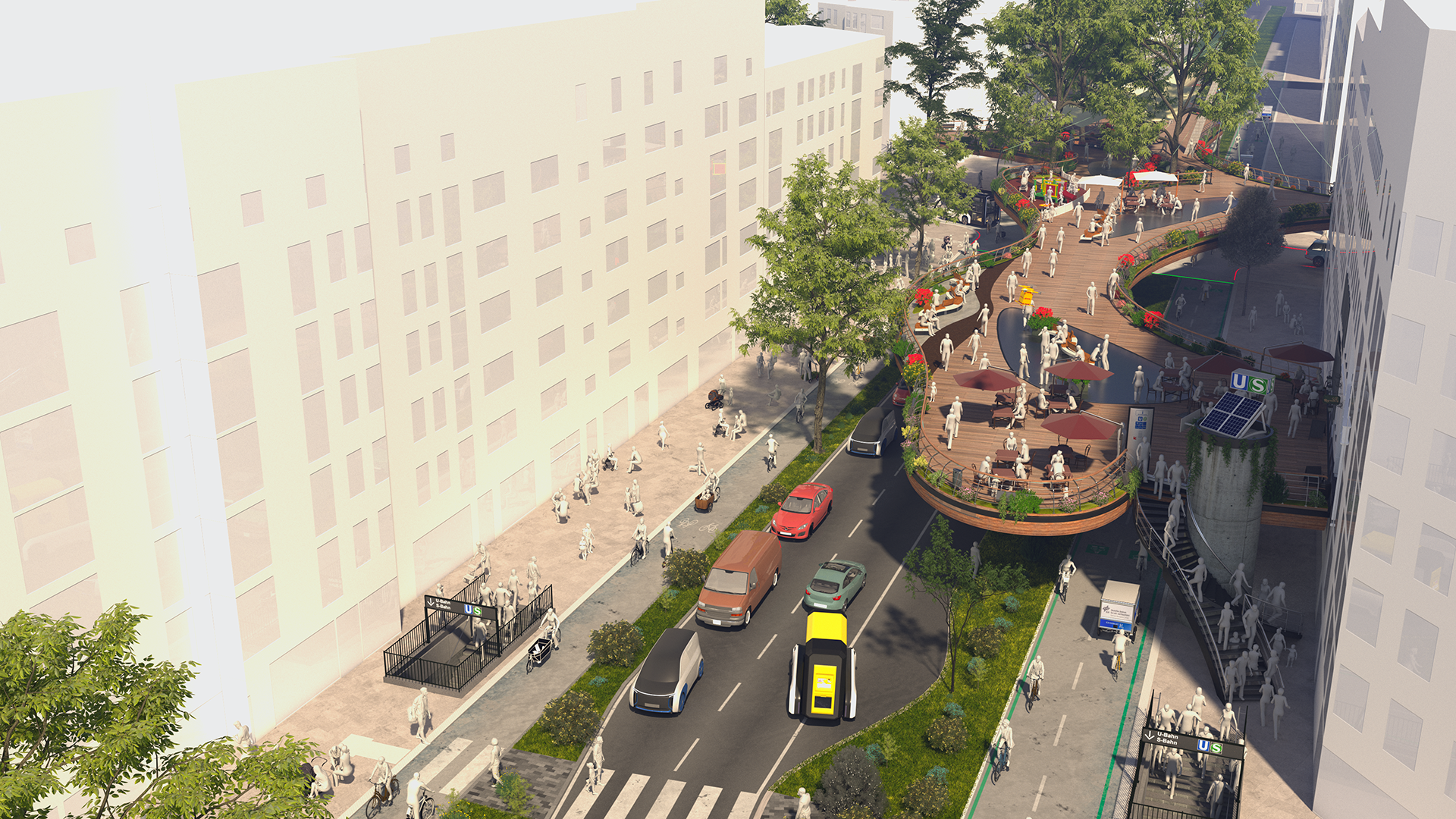 Dargestellt ist eine animierte Straßenszene in städtischem Umfeld. Auf der Straße verkehren klassische Pkw, Busse sowie futuristische Fahrzeugkonzepte des DLR. Zu beiden Seiten der Straße befinden sich Grünstreifen und anschließend breite Fahrradwege, auf denen eine Vielzahl an Fahrrädern, Lastenrädern und E-Rollern verkehren. An den beiden äußeren Seiten der Fahrradwege befinden sich stark frequentierte Fußwege, welche Treppen- und Fahrstuhlzugang zu einer außgeschilderten unterirdischen S-und U-Bahn-Station bieten. Zudem bieten ein Zebrastreifen sowie ein begrünter hölzerner Steg mit Anschluss an den S-/U-Bahn-Fahrstuhl sowie eine lokale Gastronomie Möglichkeiten zum Queren der Straße.