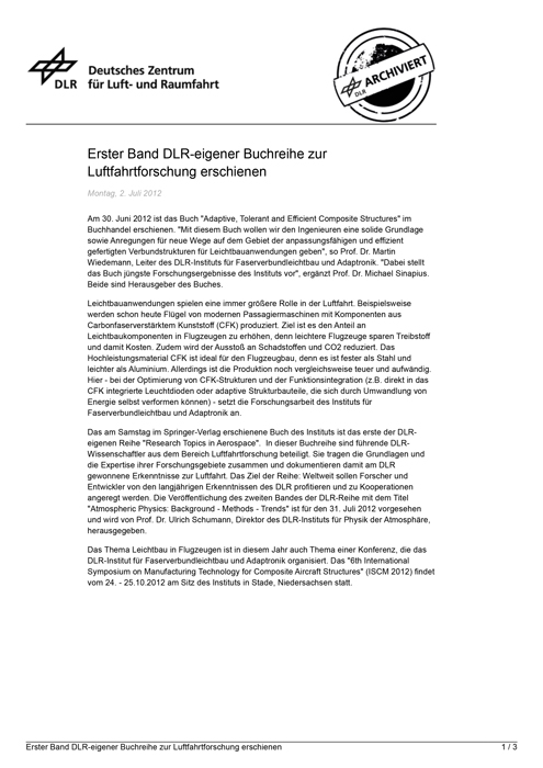 Erster Band DLR-eigener Buchreihe zur Luftfahrtforschung erschienen