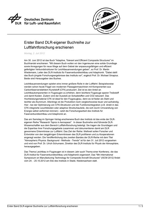 Erster Band DLR-eigener Buchreihe zur Luftfahrtforschung erschienen