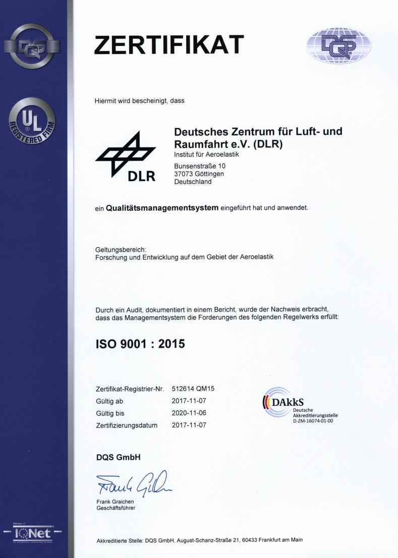 QM Zertifizierung des Instituts für Aeroelastik durch DQS