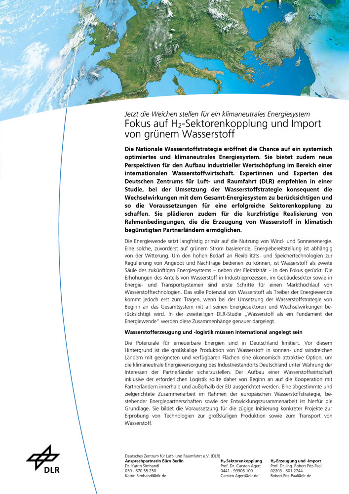 DLR-Positionspapier „Wasserstoff: Fokus auf H2-Sektorenkopplung und Import von grünem Wasserstoff“