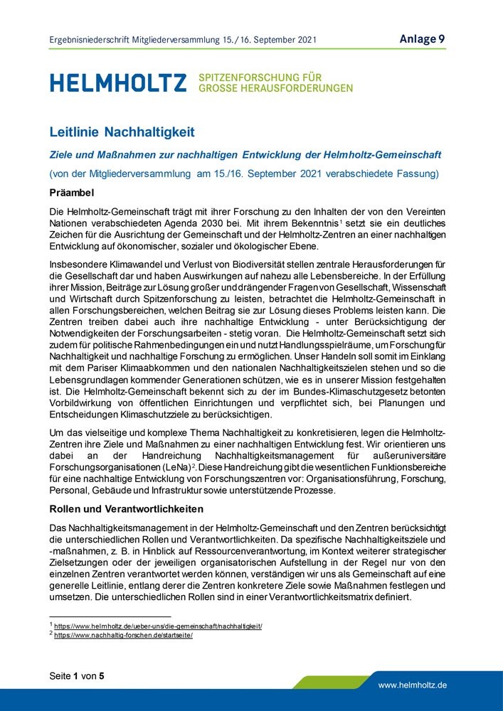 Helmholtz Leitlinien Nachhaltigkeit