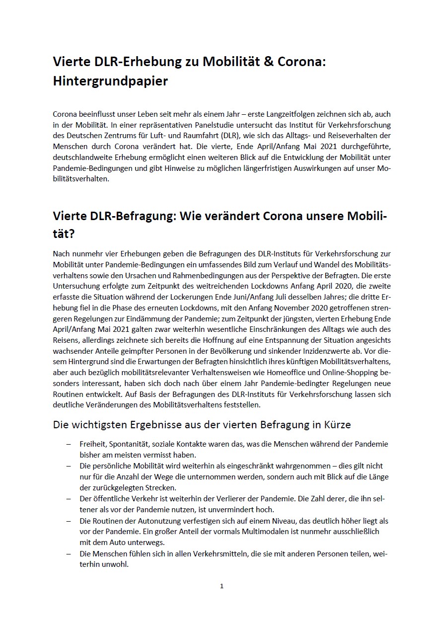 Vorschaubild: Vierte DLR-Erhebung zu Mobilität & Corona: Hintergrundpapier