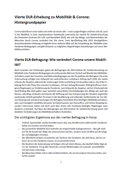 Vorschaubild: Vierte DLR-Erhebung zu Mobilität & Corona: Hintergrundpapier