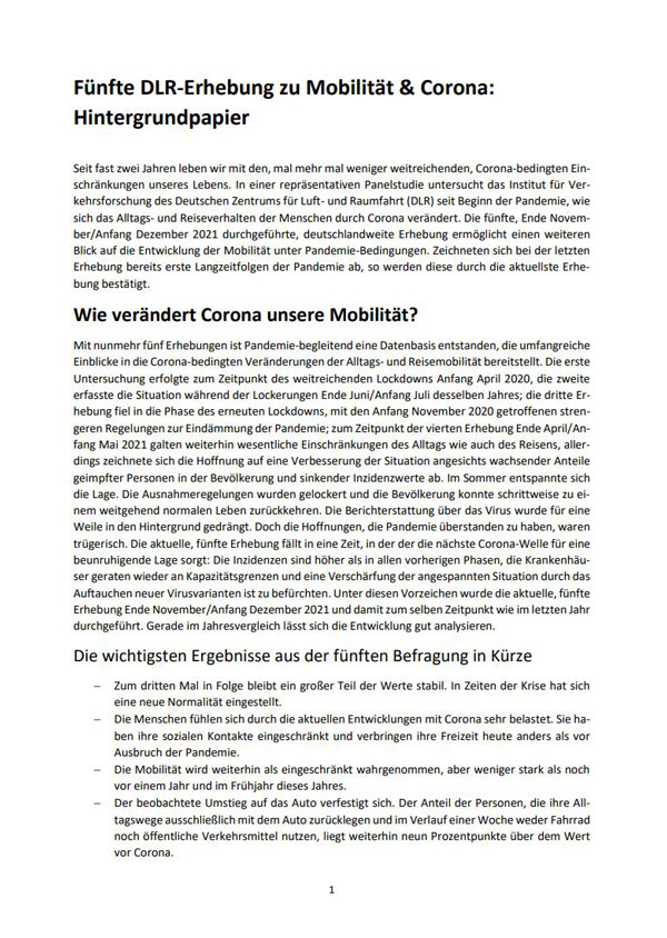 Vorschaubild: Fünfte DLR-Erhebung zu Mobilität & Corona: Hintergrundpapier