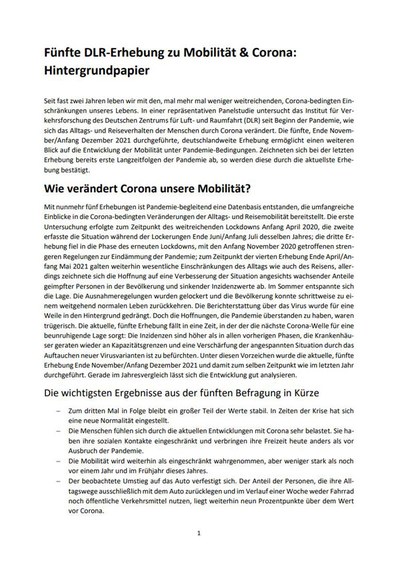 Vorschaubild: Fünfte DLR-Erhebung zu Mobilität & Corona: Hintergrundpapier