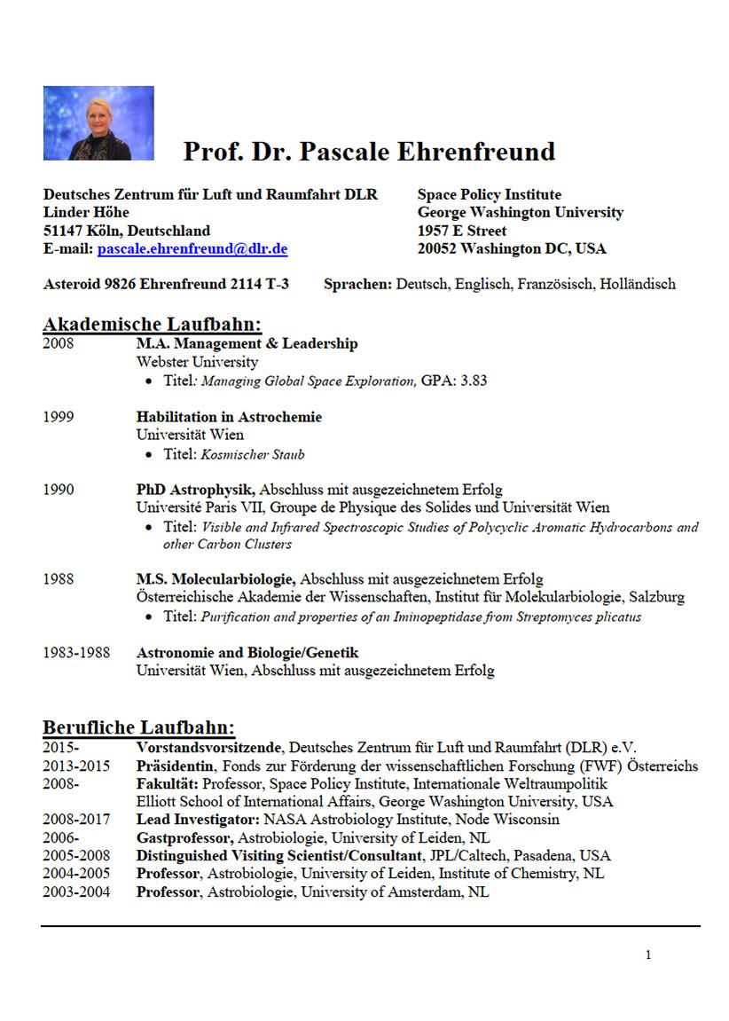 Curriculum Vitae Prof. Pascale Ehrenfreund