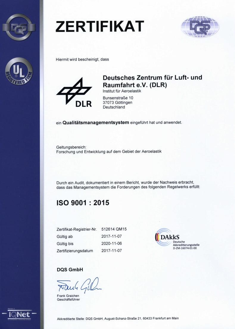 QM Zertifizierung des Instituts für Aeroelastik durch DQS