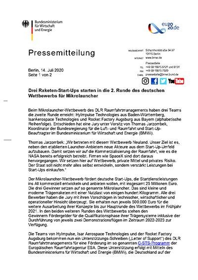 Vorschaubild: BMWi-Pressemitteilung vom 14.07.2020: Wettbewerb für Mikrolauncher