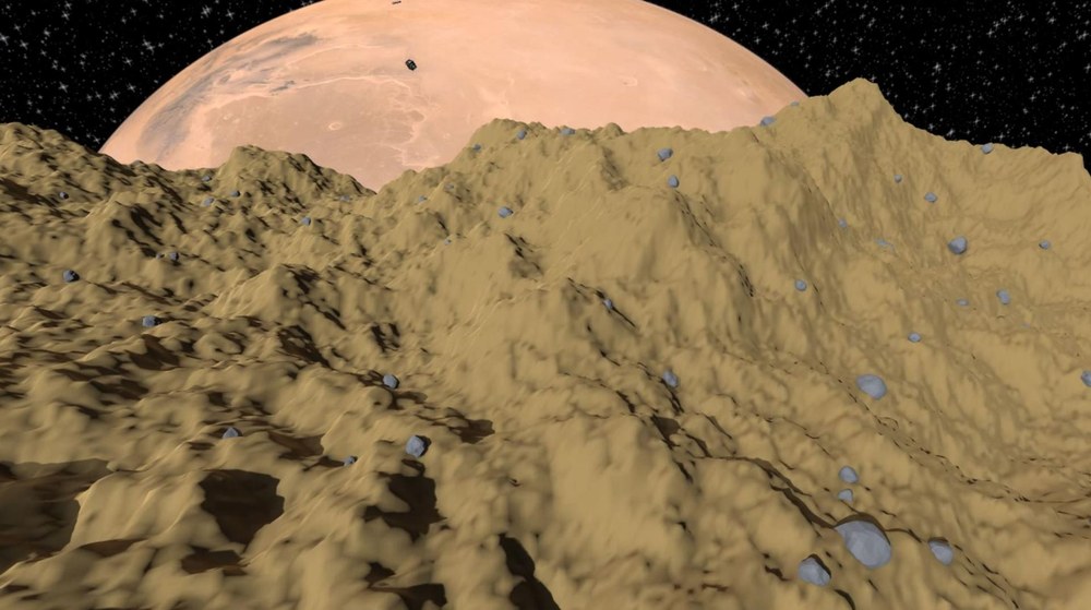 Animation: MMX-Ro­ver im Sink­flug zur Pho­bos-Ober­flä­che