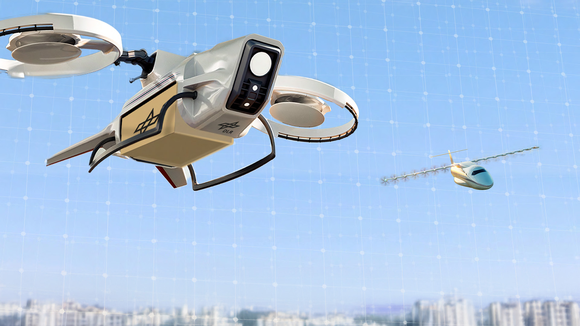 Crewed and uncrewed aircraft flying together over a city