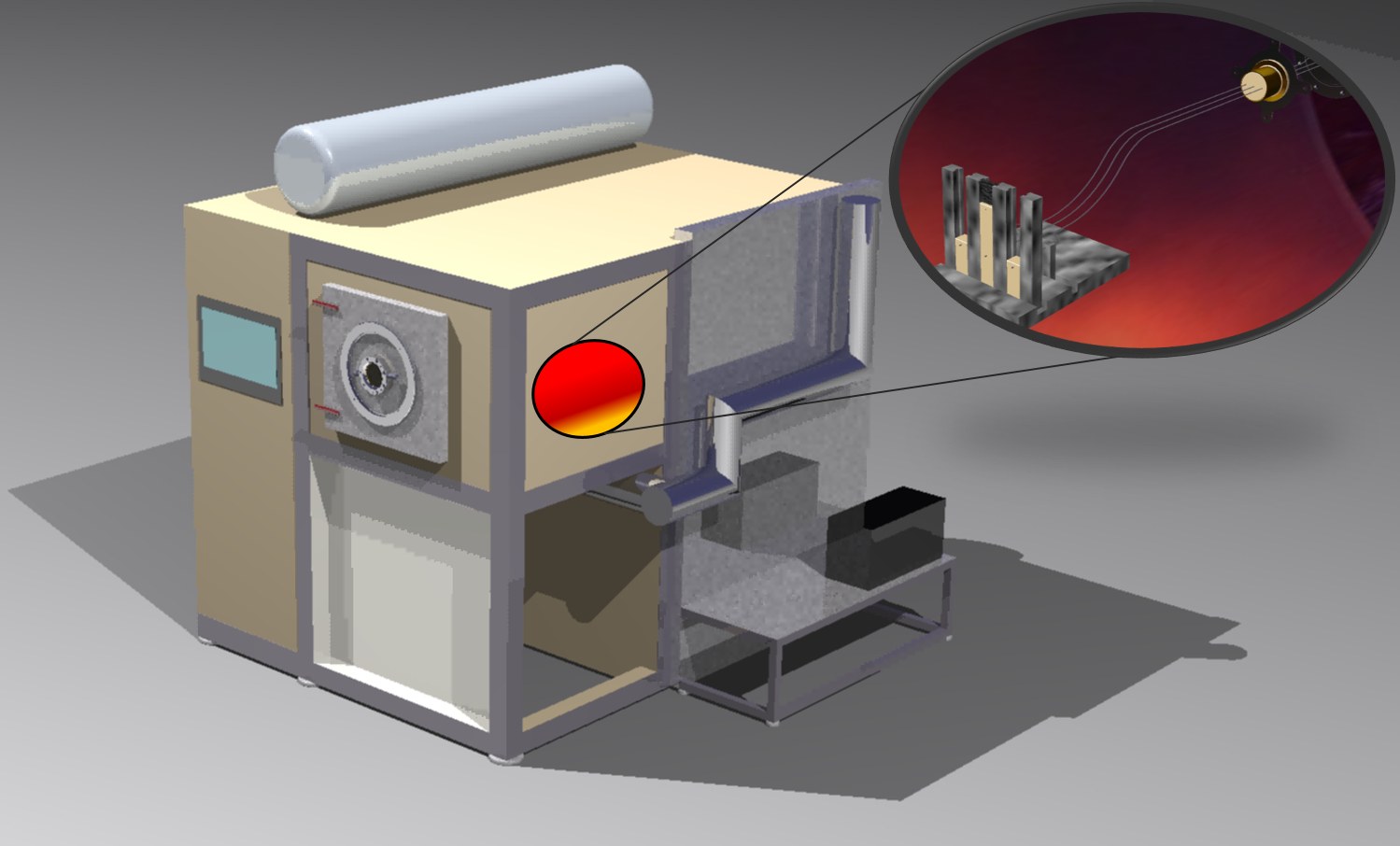 CAD model of the new high-temperature oven for thermo-chemical materials testing with targeted adjustment of the water vapor concentration