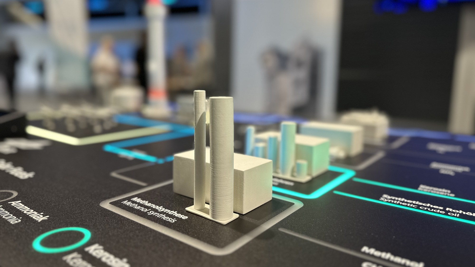 A close-up of the miniature models on the Solar Fuels exhibit