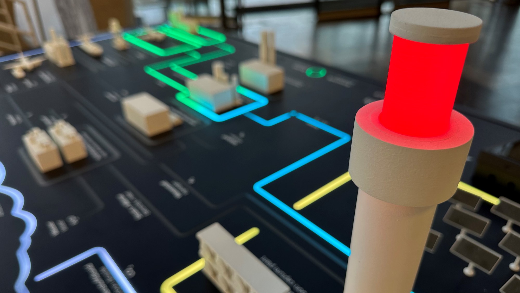 A close-up of the miniature models on the "Solar Fuels" exhibit