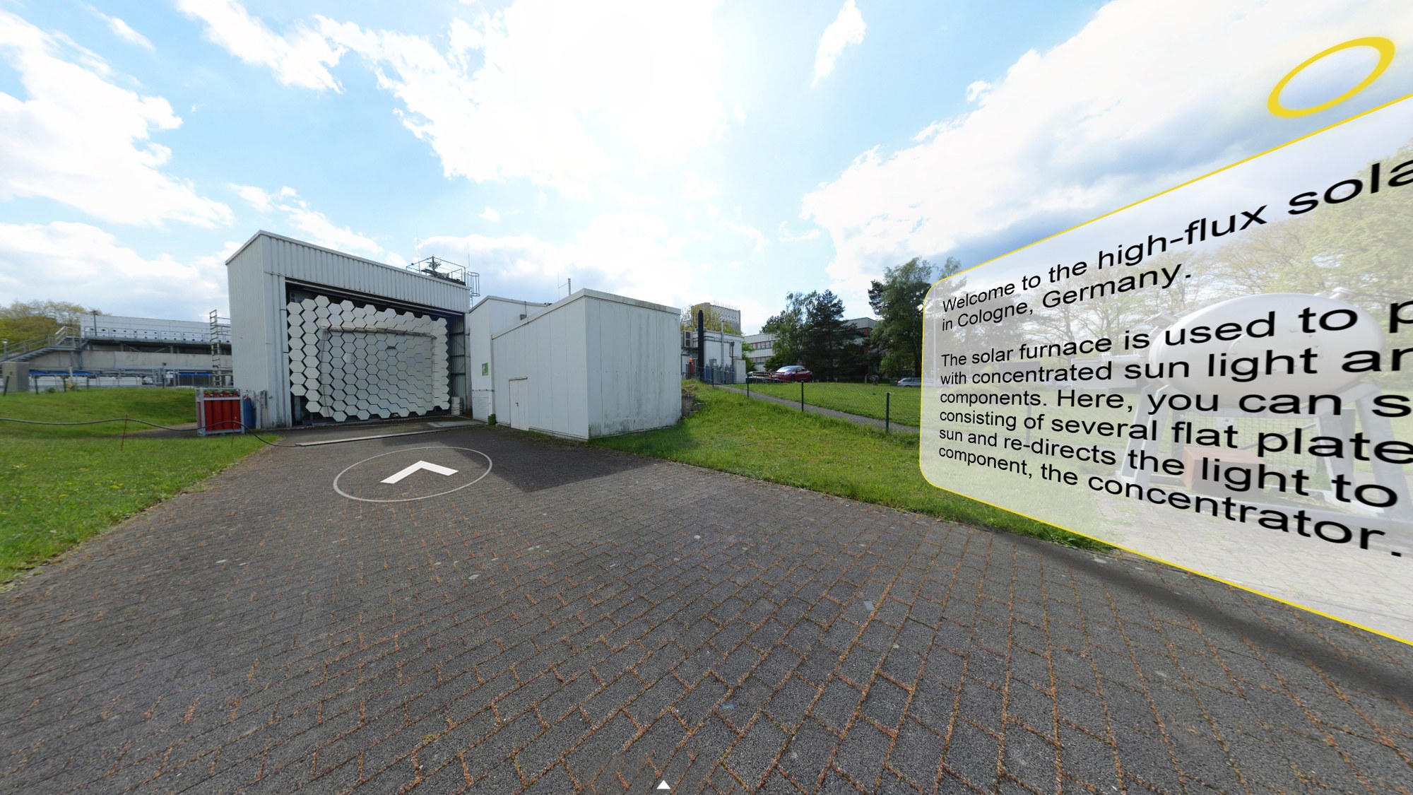 A preview image for the virtual 360-degree tour of the High-Flux Solar Furnace in Cologne-Porz