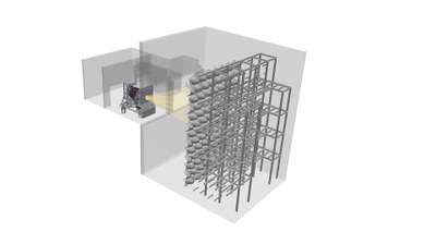 A 3D graphic of the Synlight during irradiation of one of the test chambers with a reactor for solar calcination.