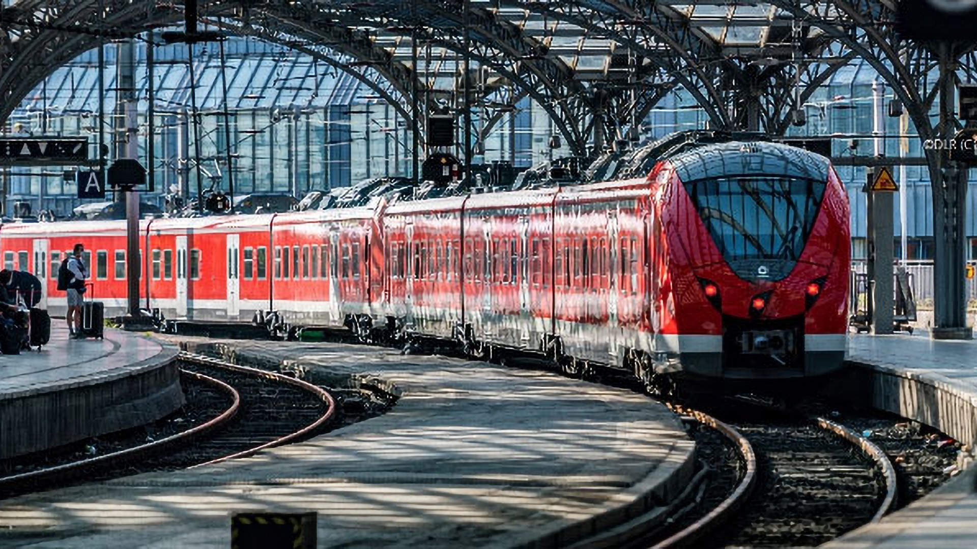 A train pulls into a station