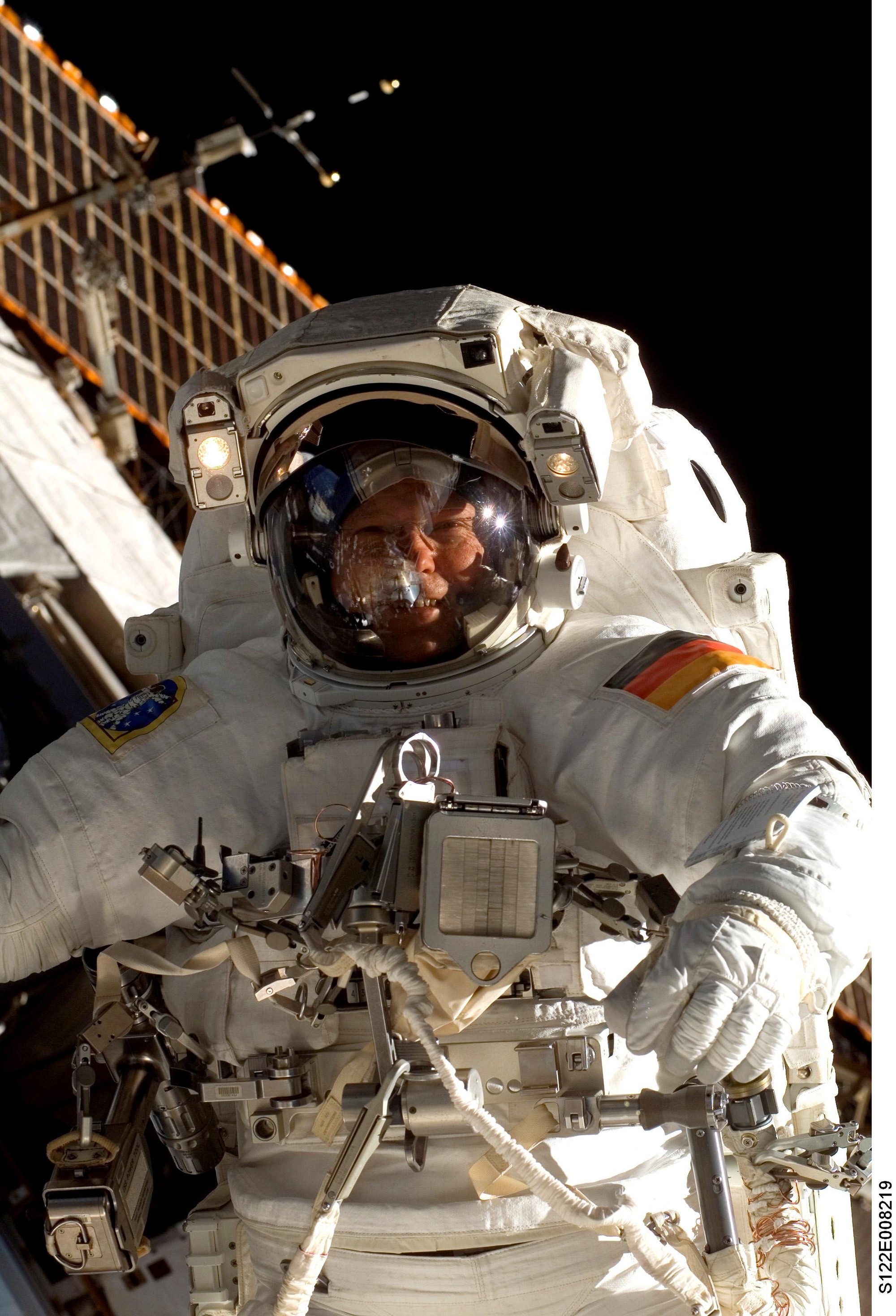 German ESA astronaut Hans Schlegel during the extra-vehicular activity