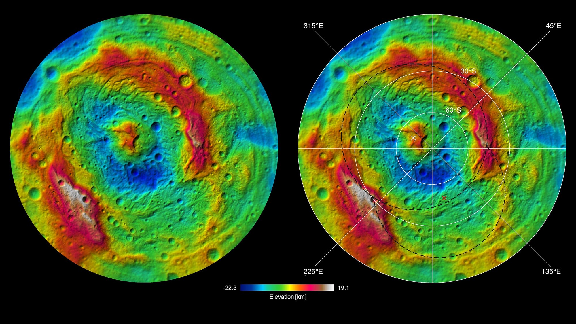 The topographical map reveals a double impact at Vesta’s south pole