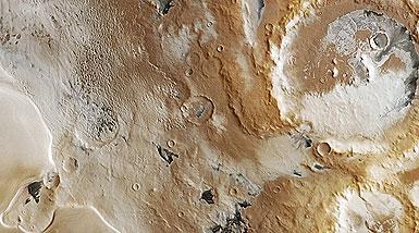 Partially ice-covered landscape in the Promethei Planum region on Mars