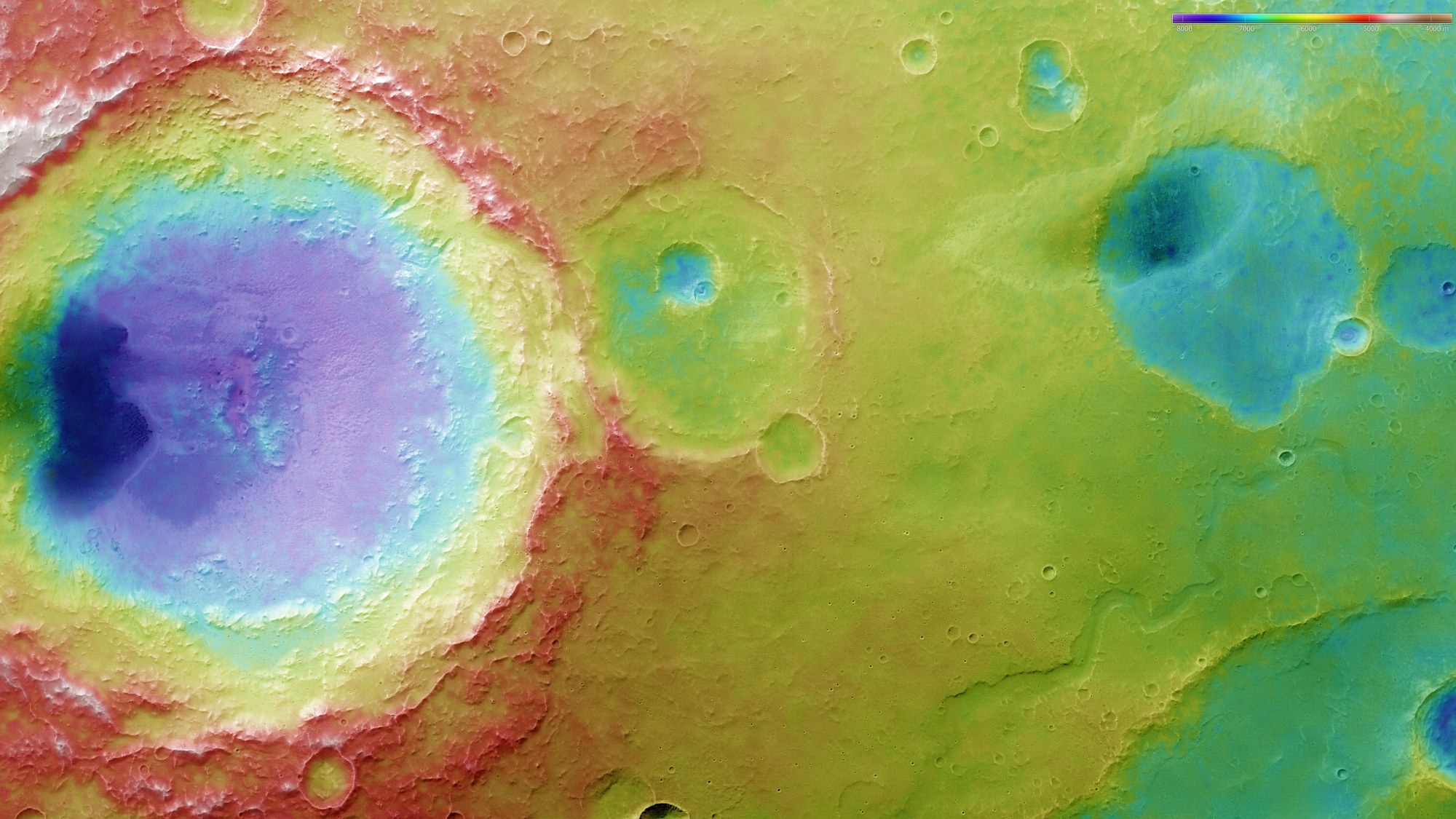 Topographical image map of a section of the Arabia Terra region