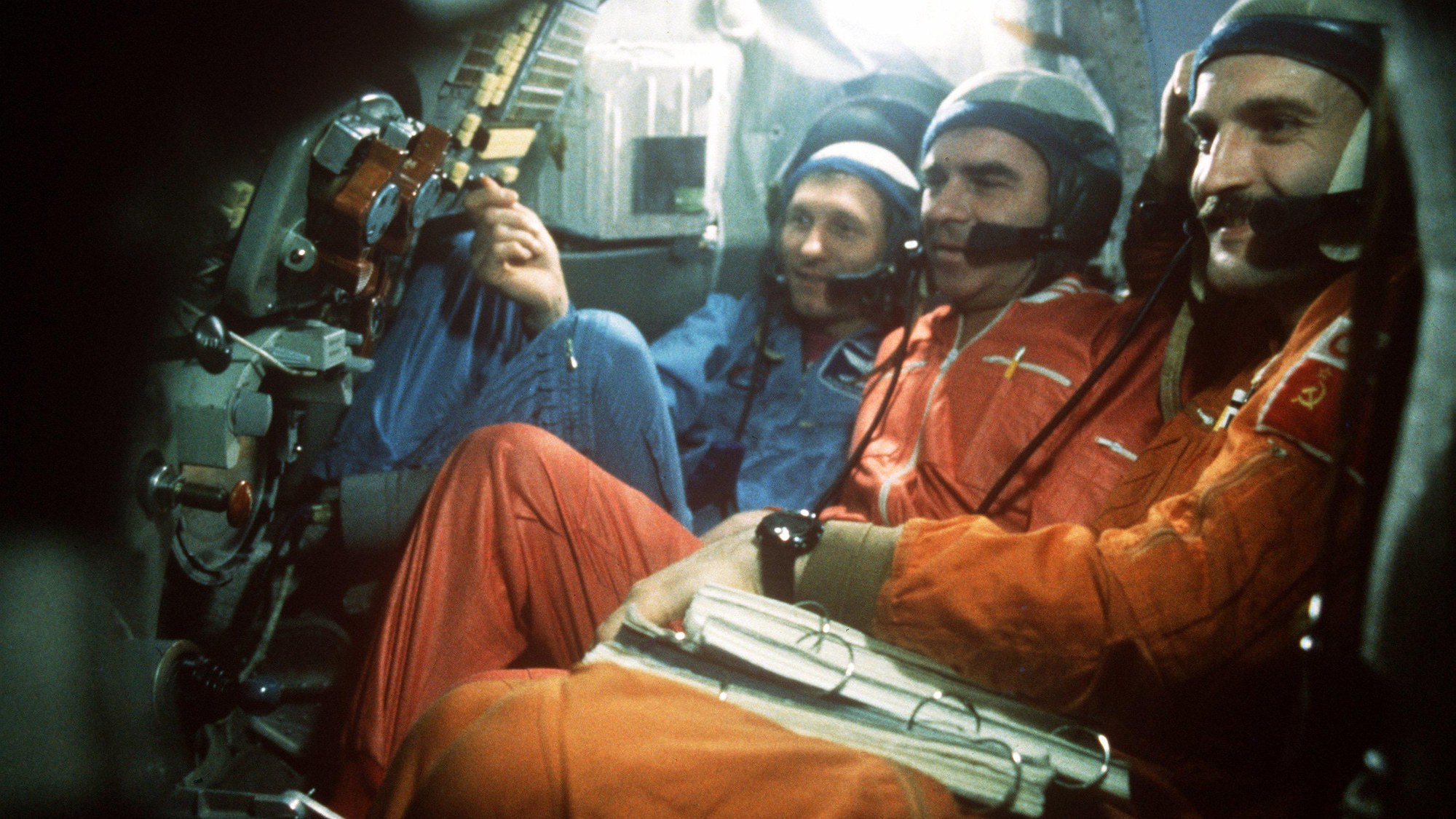 The MIR'92 crew in the Soyuz simulator