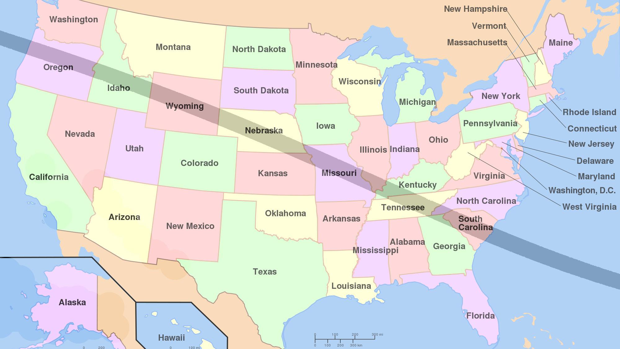 Path of the total solar eclipse across the USA on 21 August 2017