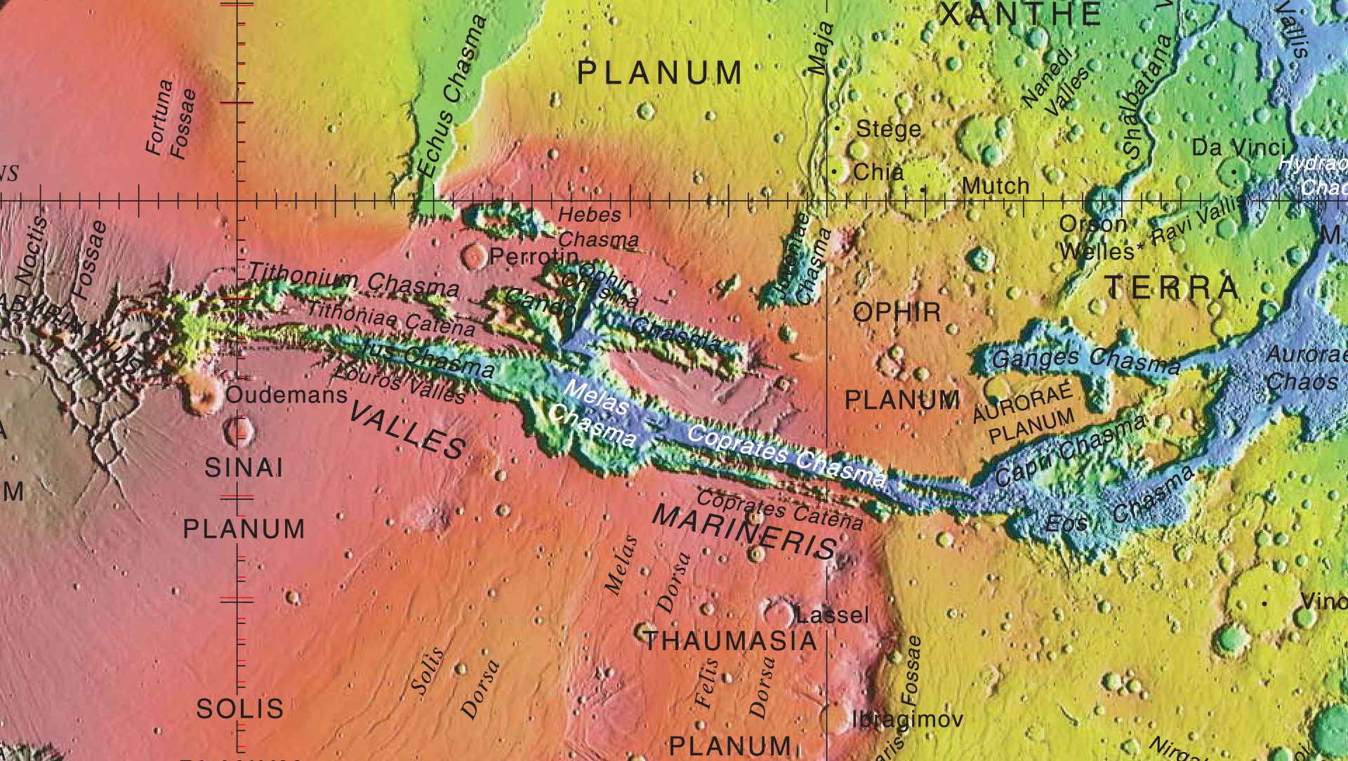 Valles Marineris in the east of the Tharsis volcanic region