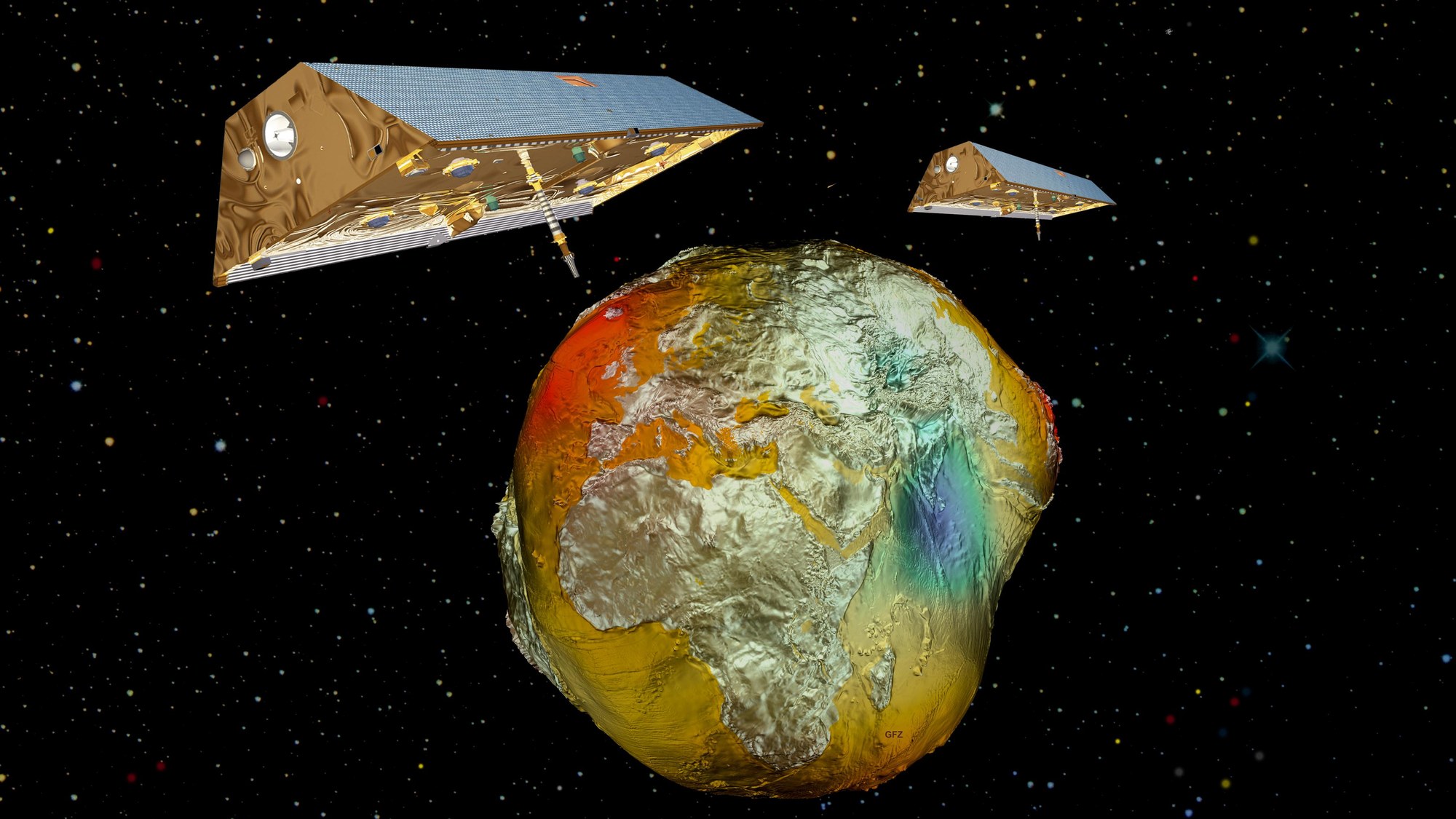 Artist impression of the GRACE satellites and Earth