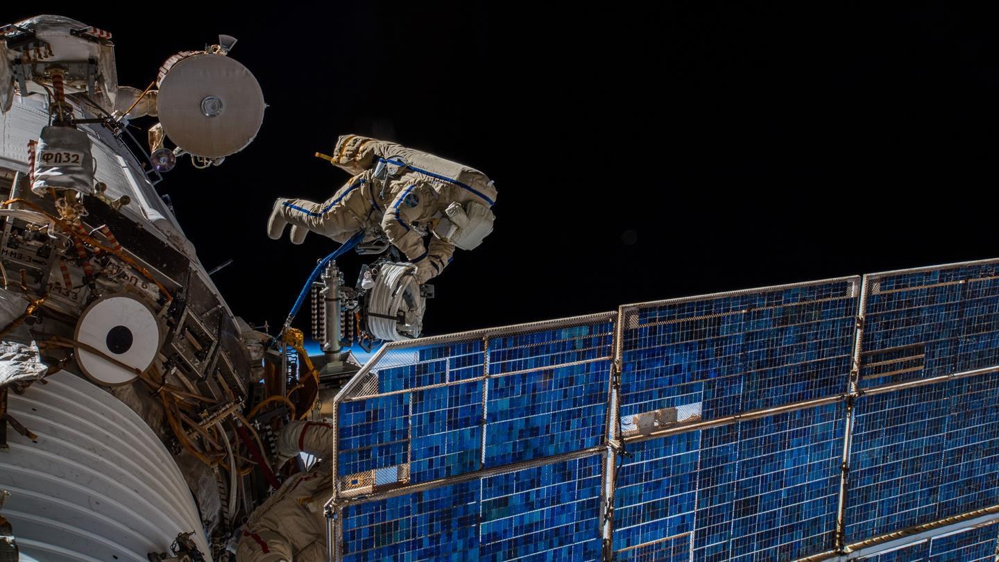 The Russian cosmonaut Sergei Prokopyev during a spacewalk together with his colleague Oleg Artemyev, on the Russian Zvezda module of the ISS.