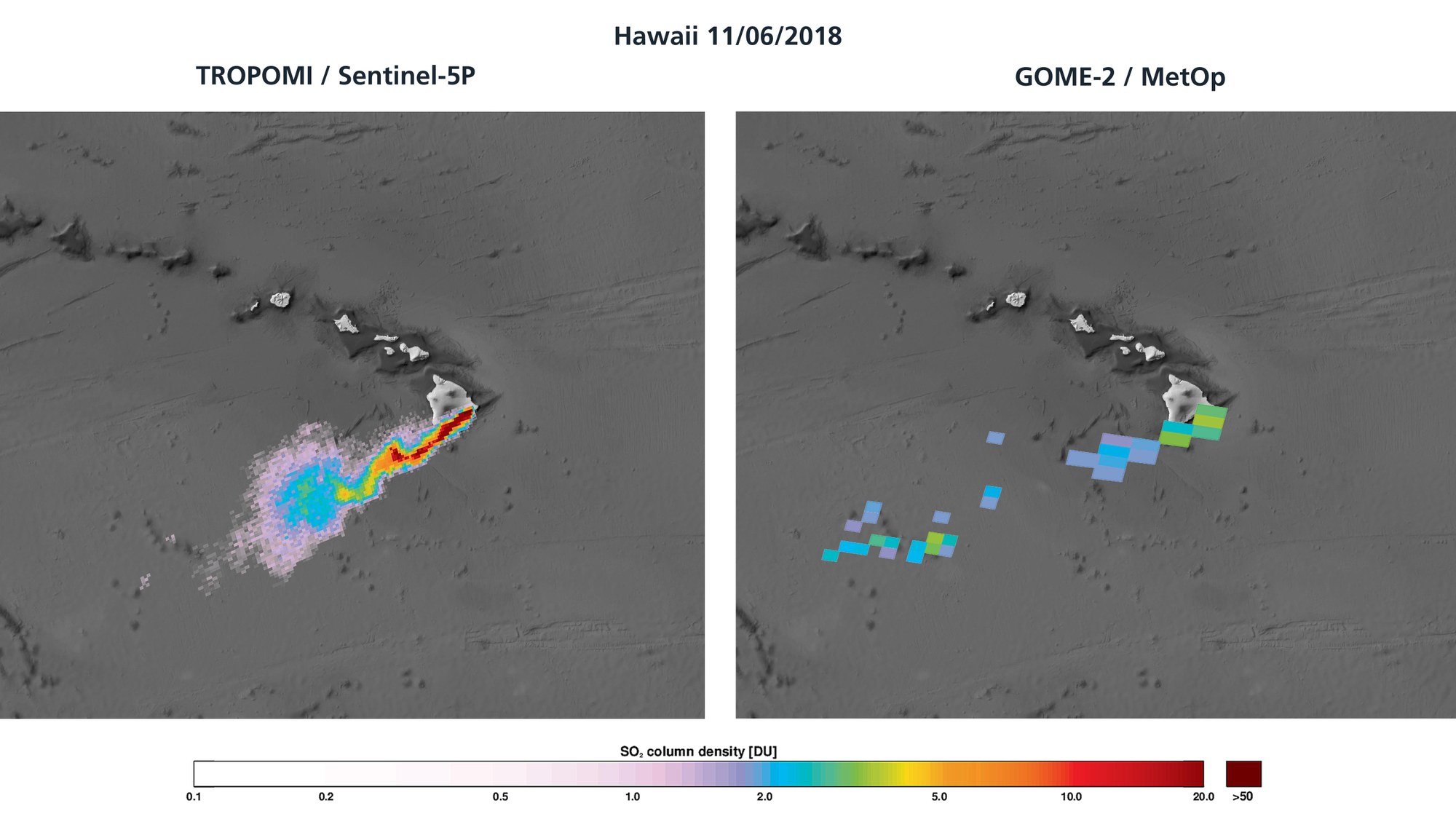 Product comparison – sulphur dioxide cloud over Hawaii