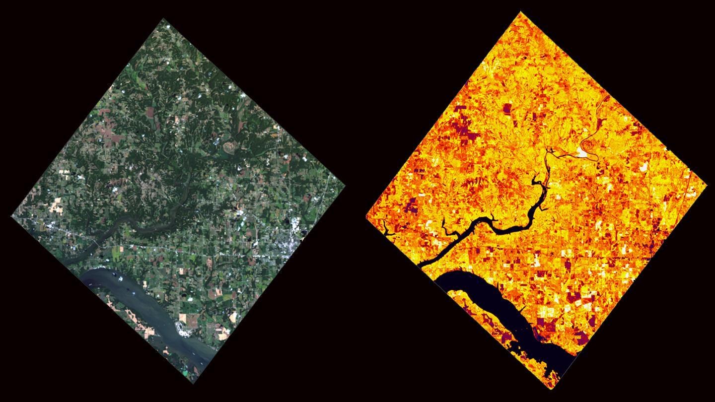 Optical image of the environment of Huntsville / Alabama and a processed image showing the vegetation density.