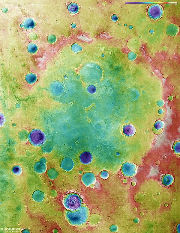 rainbow-coloured view of Greeley Crater