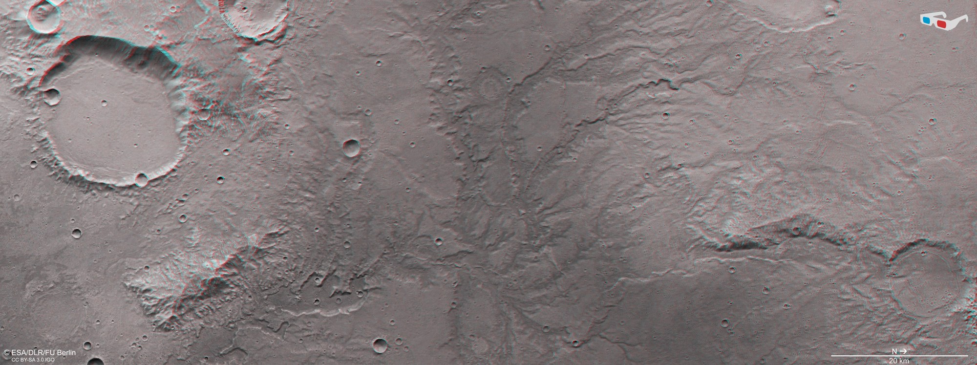 Three-dimensional view of a valley network east of Huygens Crater