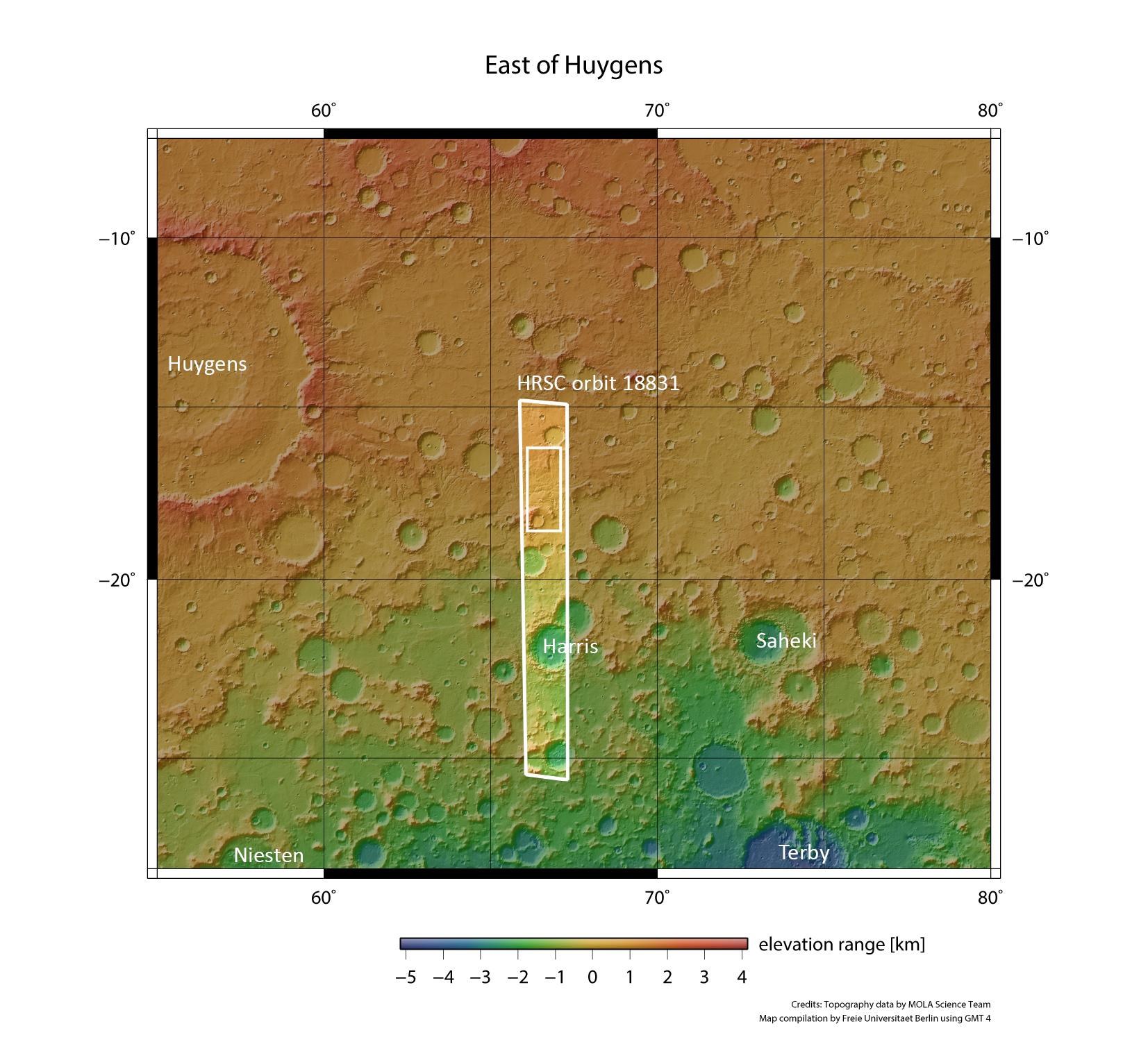 Topographical overview map showing the surroundings of the valley network east of Huygens Crater