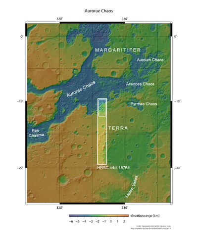 Topographical map of Margaritifer Terra and Aurorae Chaos