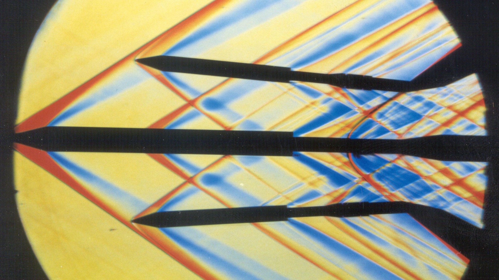 Schlieren image of the separation process for a four-part booster at Mach 1.8