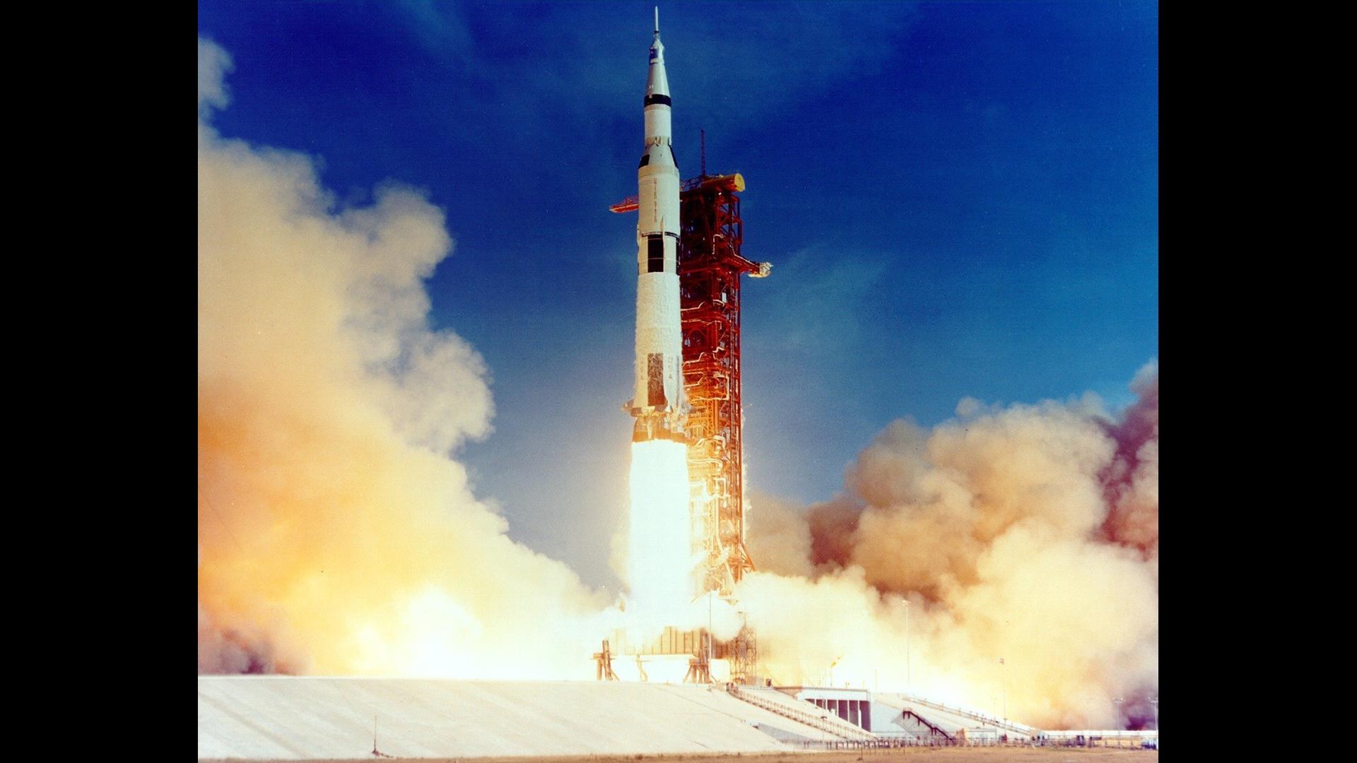Launch of the Saturn V rocket carrying the Apollo 11 mission lifted off from Launch Complex 39A at Kennedy Space Center on the east coast of Florida.