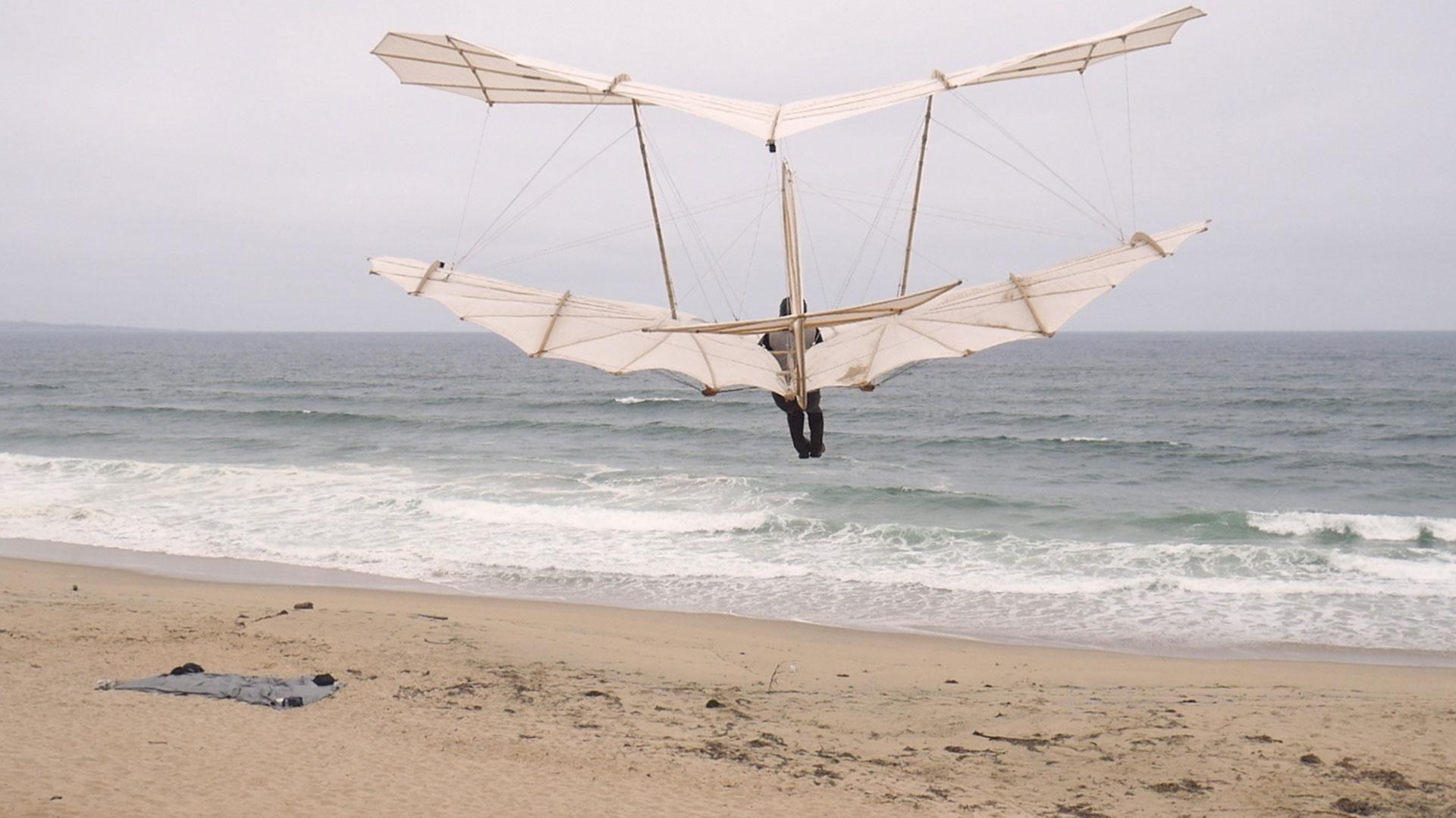 Lilienthal's biplane glider in flight