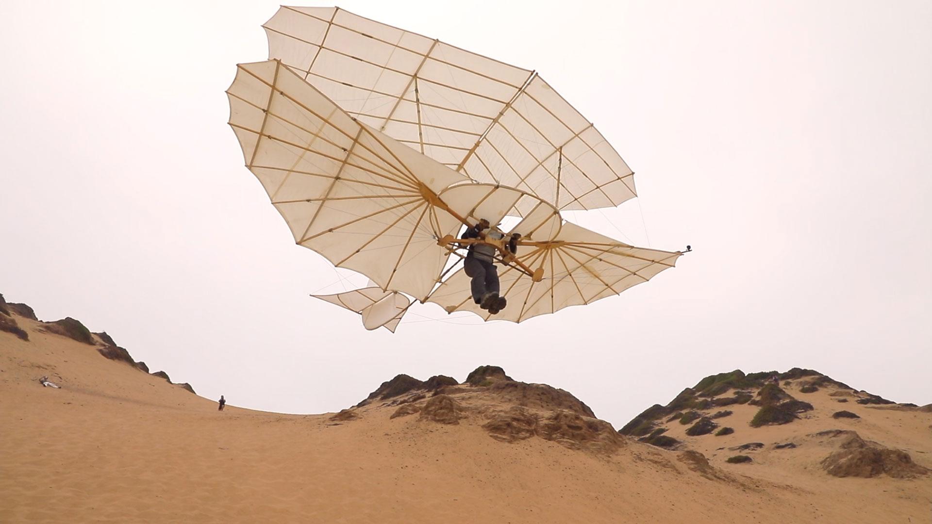 Lilienthal's biplane glider in flight