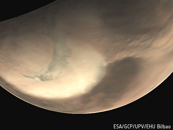 This series of images covers about 70 minutes of motion as a dust storm moves around the north polar ice cap of Mars on 29 May 2019.
