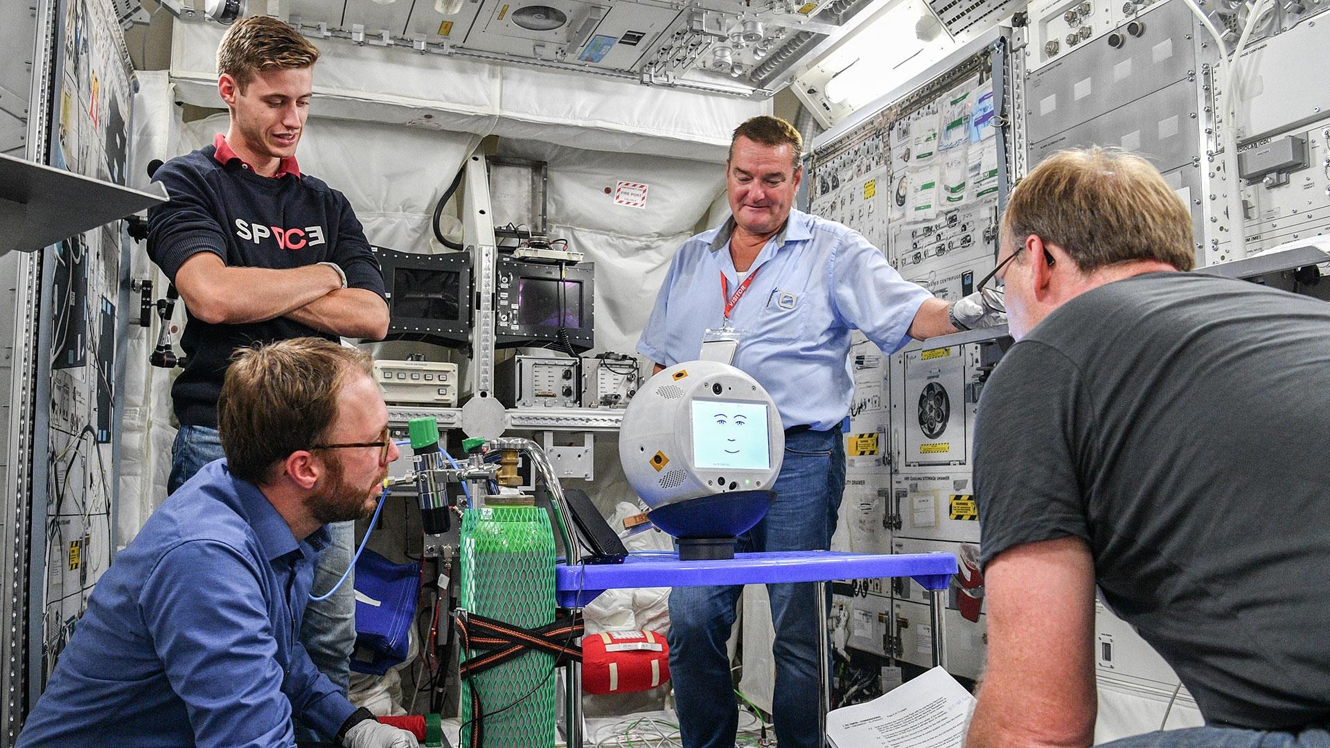 The new CIMON during tests inside the Columbus laboratory training model