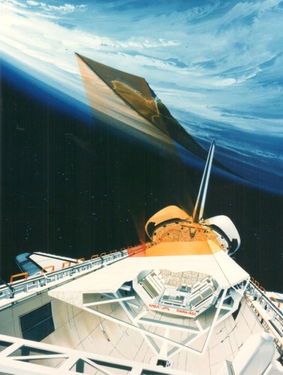 Artist's impression from 1994 of the SIR-C/X-SAR antennas in the payload bay of Space Shuttle Endeavour