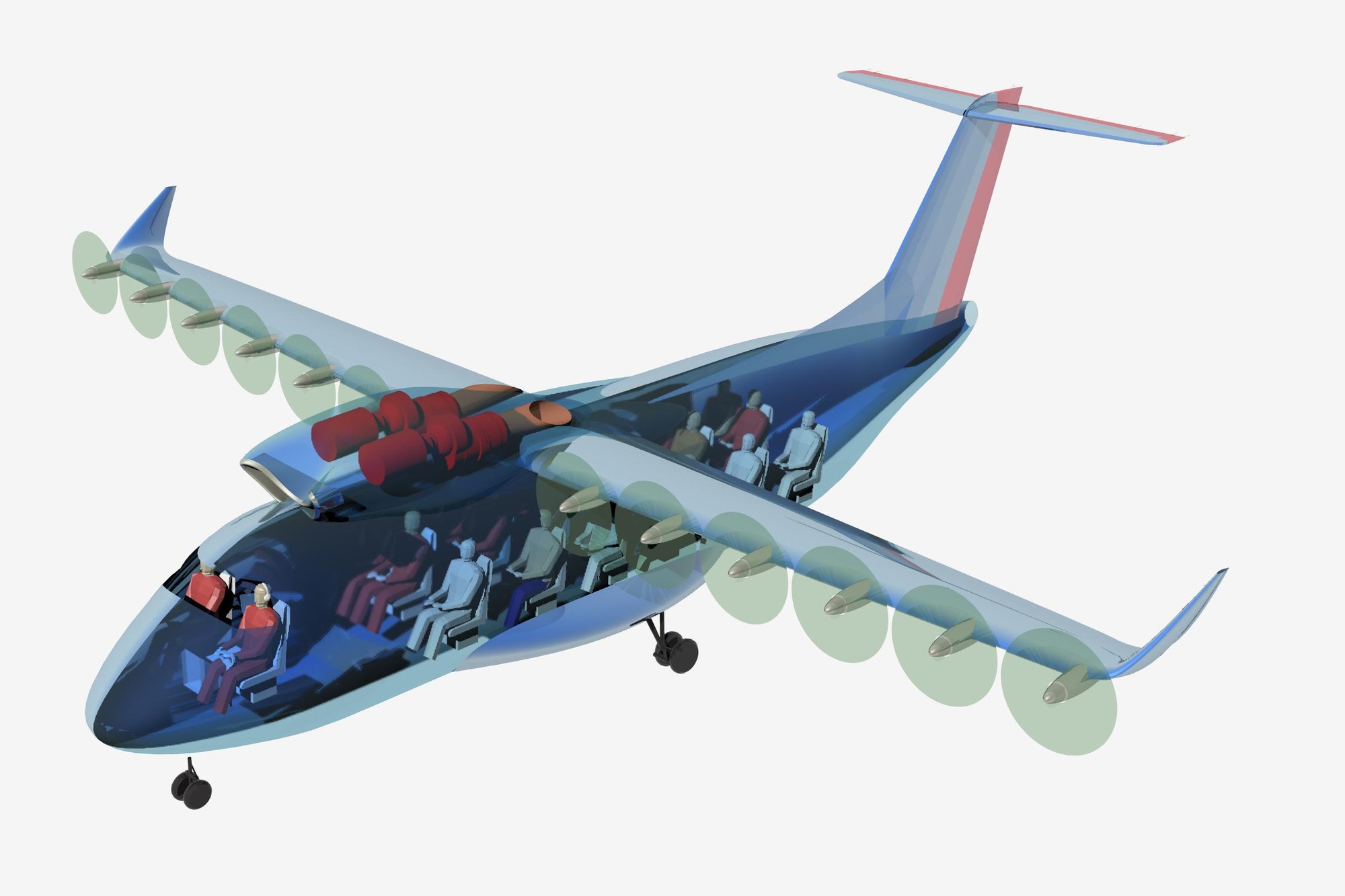Nineteen-seater aircraft with distributed, electrically driven propellers