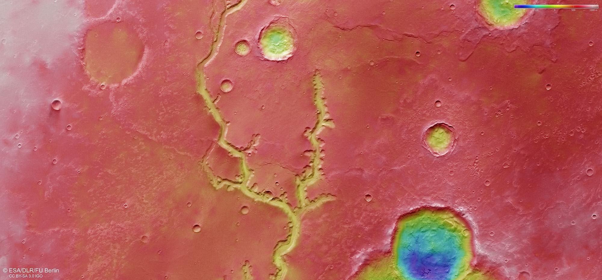 Vista della Nirgal Vallis. I colori rappresentano l&#8217;altitudine da 0 (viola) a 1000 m (bianco). Barra graduata in alto a destra. Credits: ESA.